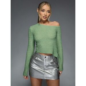 MISSGUIDED - Textured Long Sleeve Off the Shoulder Crop Top in Green | M